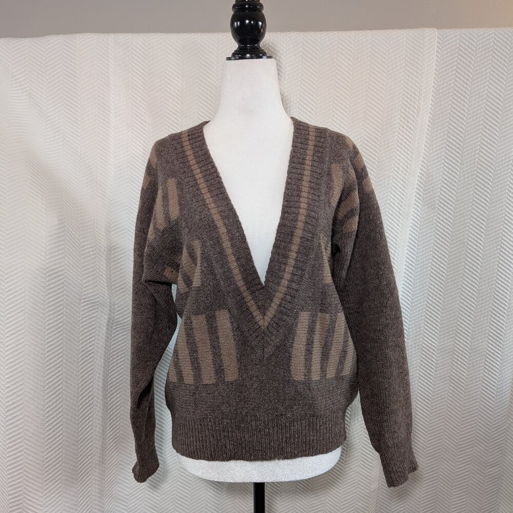 Vintage Shetland Wool Brown Sweater Deep V Neck Large Grandpa Academia Preppy
